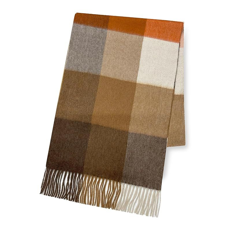 彡 Vita Natur ヴィタ ナトゥール 上カシミヤ100％ 大判35 cm幅 マフラー レディースメンズ共用 186 cm 35 チェック柄 チェック オレンジ