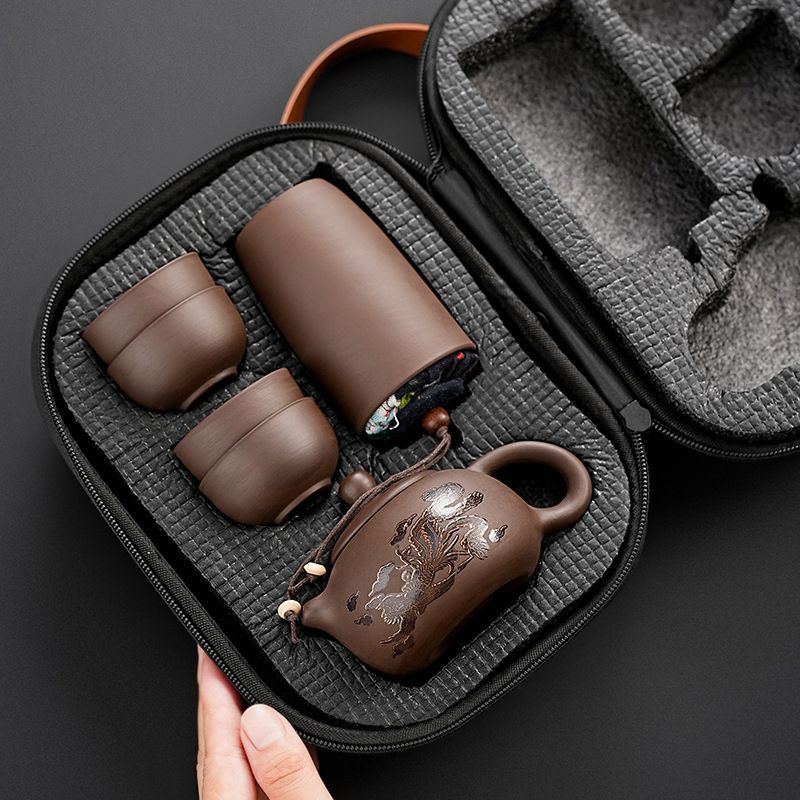 名品 紫砂 旅行用茶器セット 携帯 7点セット 収納ケース付き 急須 