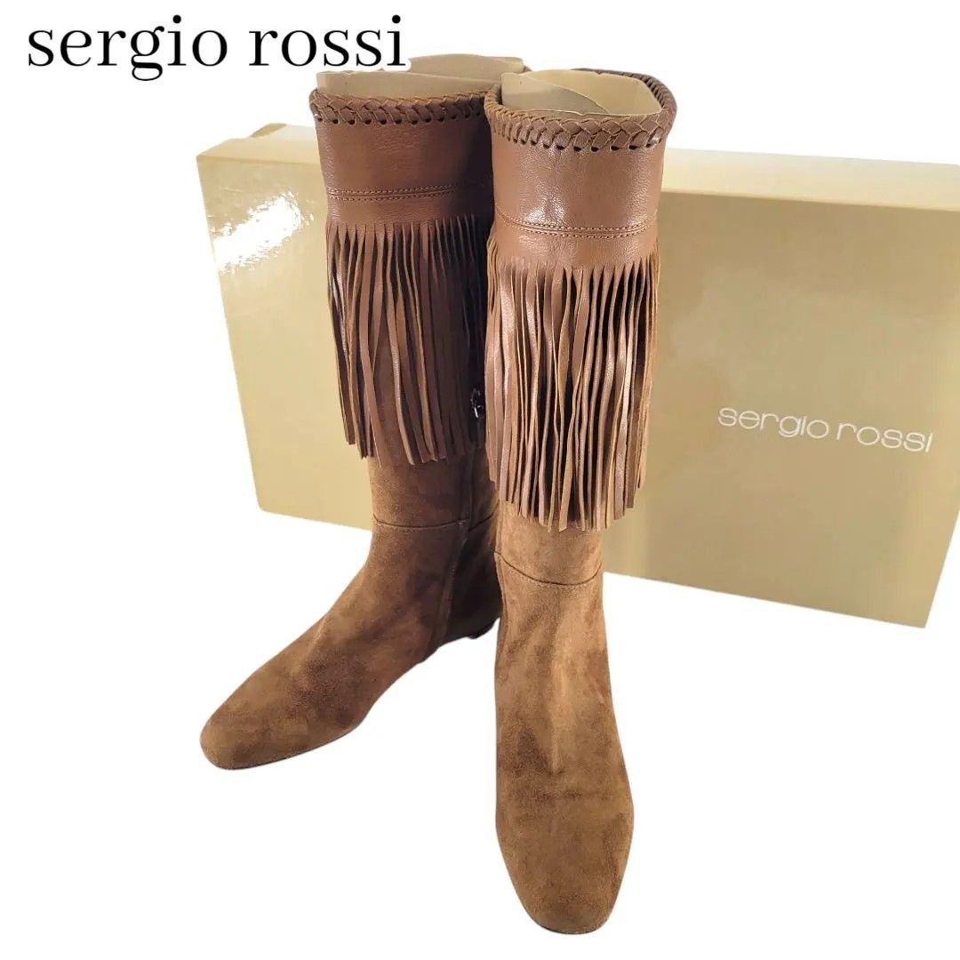 【未使用】美品　セルジオロッシ　スエード　ロングブーツ　ダークブラウン　23.5 美品】セルジオロッシ ロングブーツ フリンジ スエード ブラウン 36 2