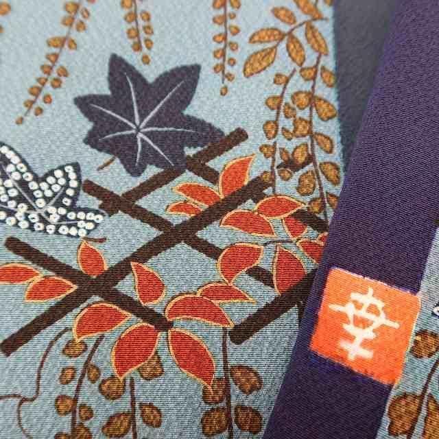 ✾まめ藤✾花井幸子落款 正絹 着物 粋な差し色でぐっと締まり 藤や紅葉が舞う空模様 小紋 T-47