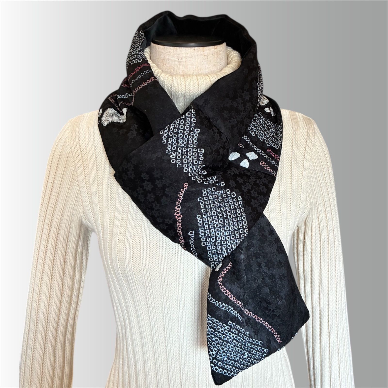 正絹辻が花の着物地とベロアのキルティングマフラー 差し込みマフラー