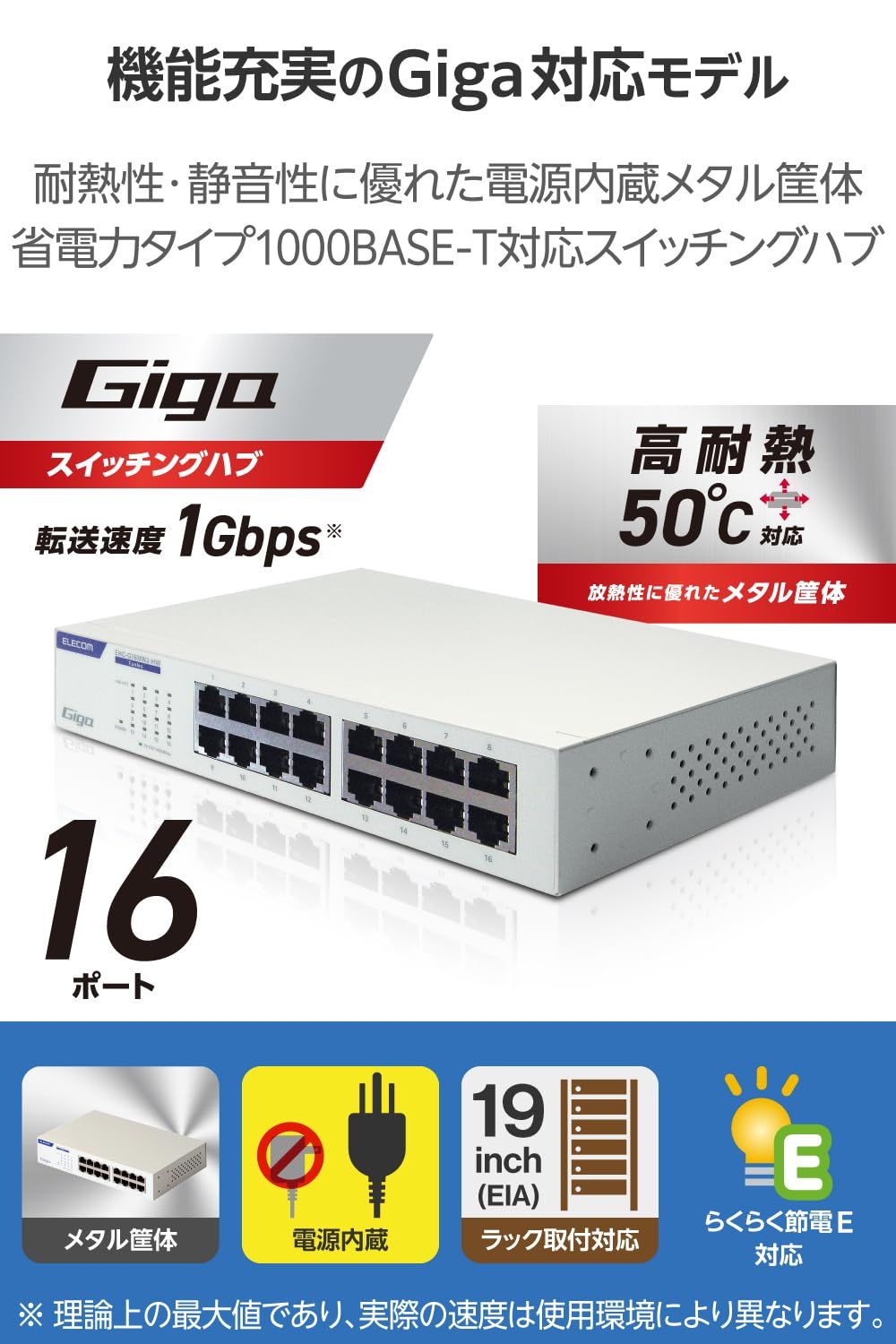 エレコム スイッチングハブ ギガビット 16ポート 電源内蔵 金属筺体 簡易パッケージ EHC-G 16 MN 2 A-HW 旧モデル