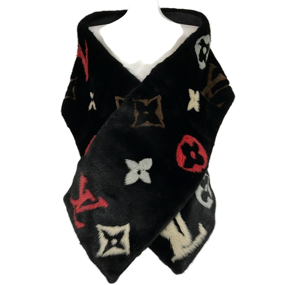 LOUIS VUITTON ルイヴィトン マフラー エシャルプ ミンクグラム M 70817 黒 レッド マルチ ミンク