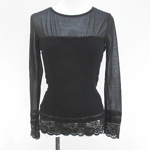 ピンクハウス PINK HOUSE 長袖 カットソー ロンT チューブトップ L 黒系 ブラック ストレッチ シースルー 透け感 レース 刺繍 無地