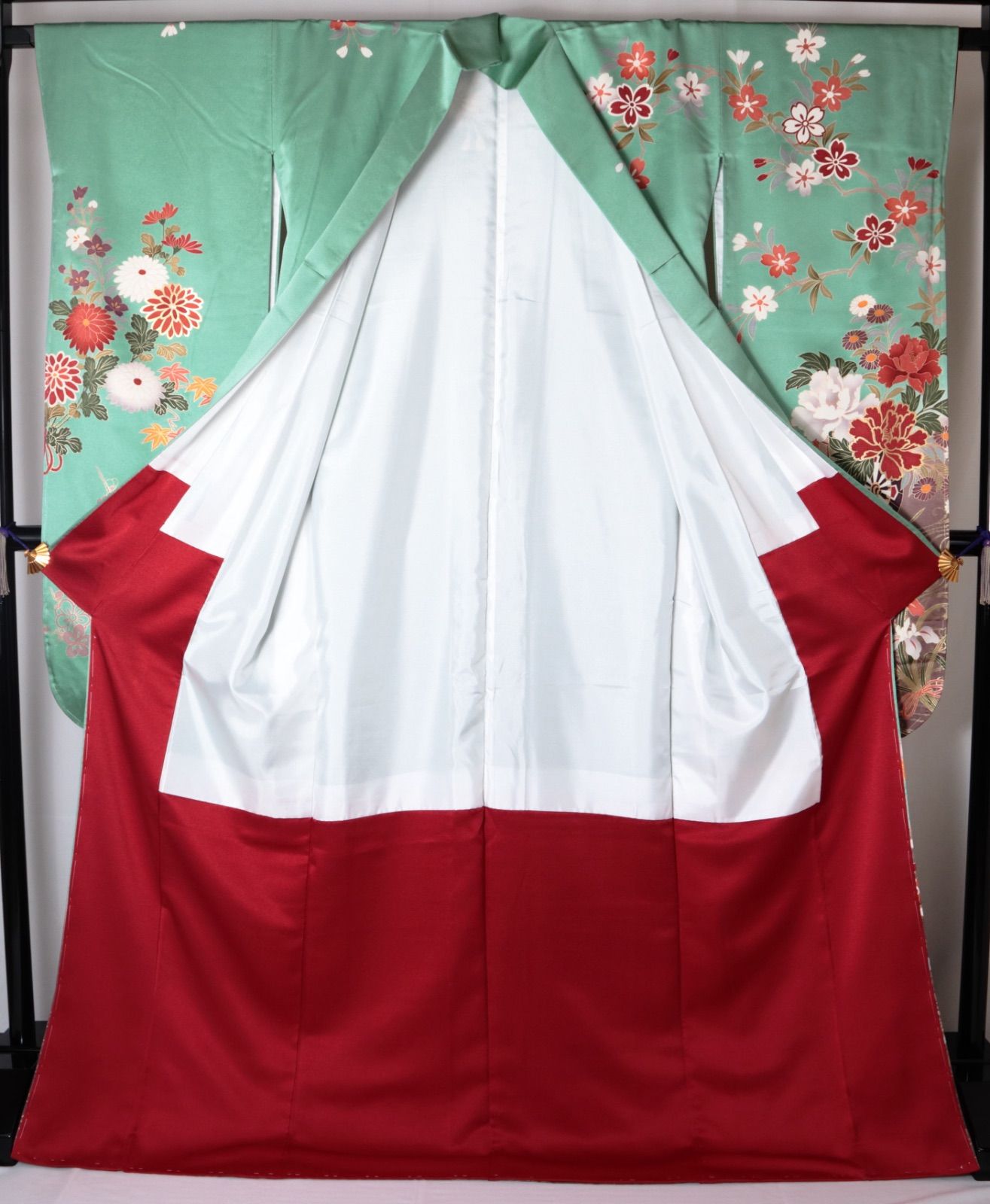 超 市 振袖 翡翠色地裾ボカシ流水に花車