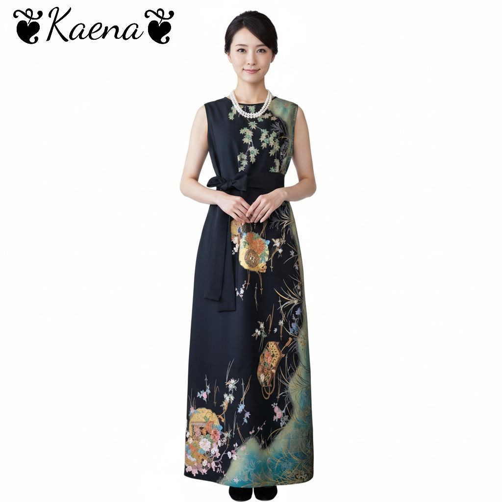 着物リメイク ワンピース ロング マキシ ドレス Aライン ベルト紐付き