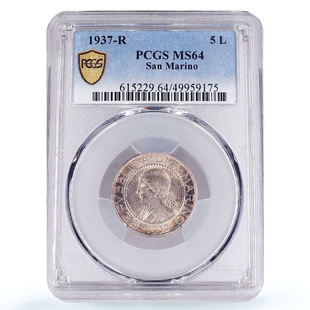 サンマリノ 5リラ 共和国貨幣 リバティヘッド KM-9 MS64 PCGS 銀貨