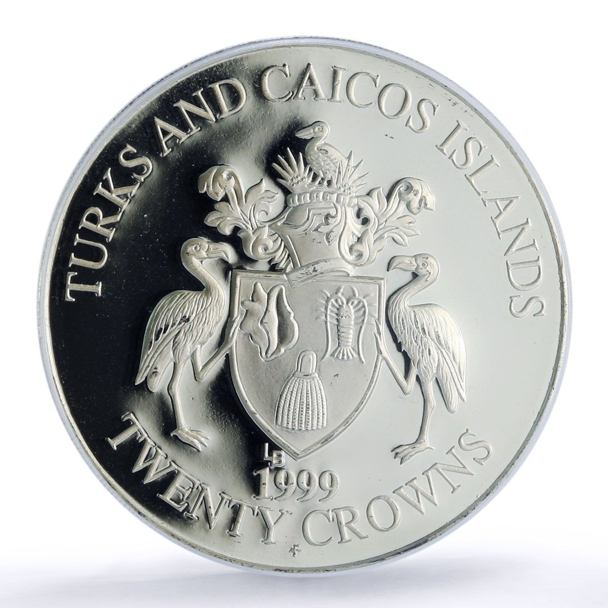 タークス・カイコス諸島 20クラウン ハチドリ動物相 PR 69 PCGS 銀貨