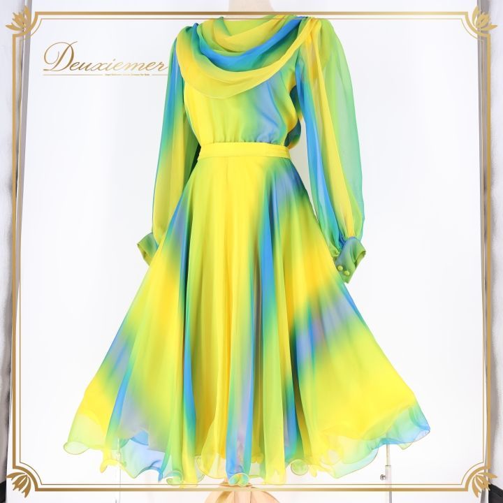 社交ダンス 衣装 チャコット Chacott ツーピース セットアップ トップス スカート 軽い グラデーション レース ミニ丈 パーティ 発表会 上下セット 透け感 グリーン系 イエロー系 軽量 おしゃれ ダンス衣装 レディース スタイリッシュ