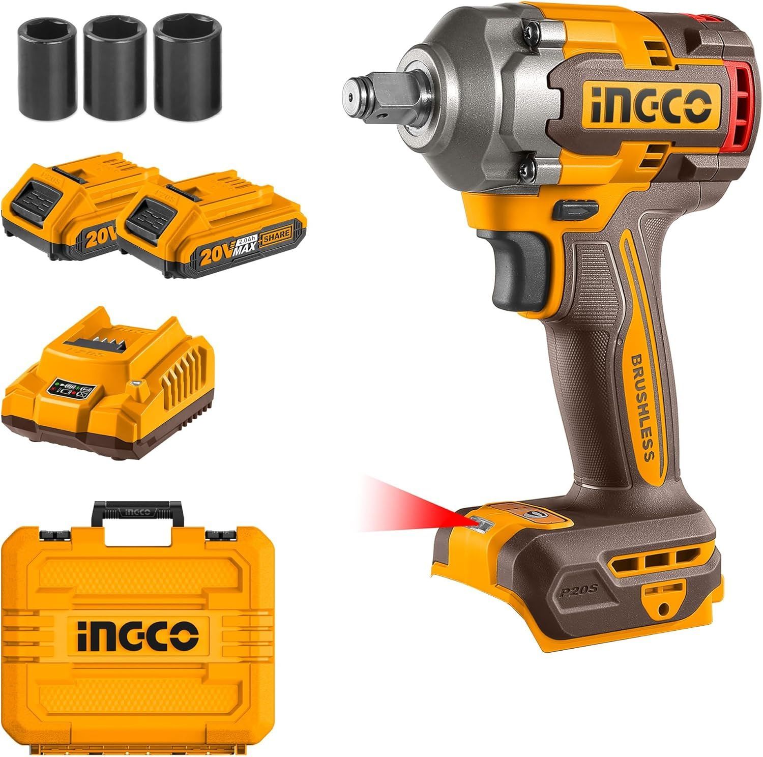 INGCO 20 V コードレスインパクトレンチ 400 Nm の2.0 Ahバッテリーと の急速充電器付き のソケット付き 311 05