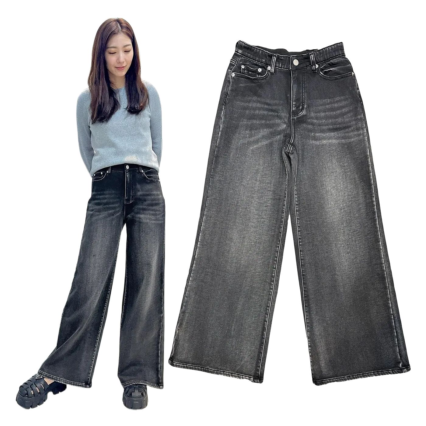 INDIMARK ジーンズ 裏起毛 ワイドデニム カットデニム グレー