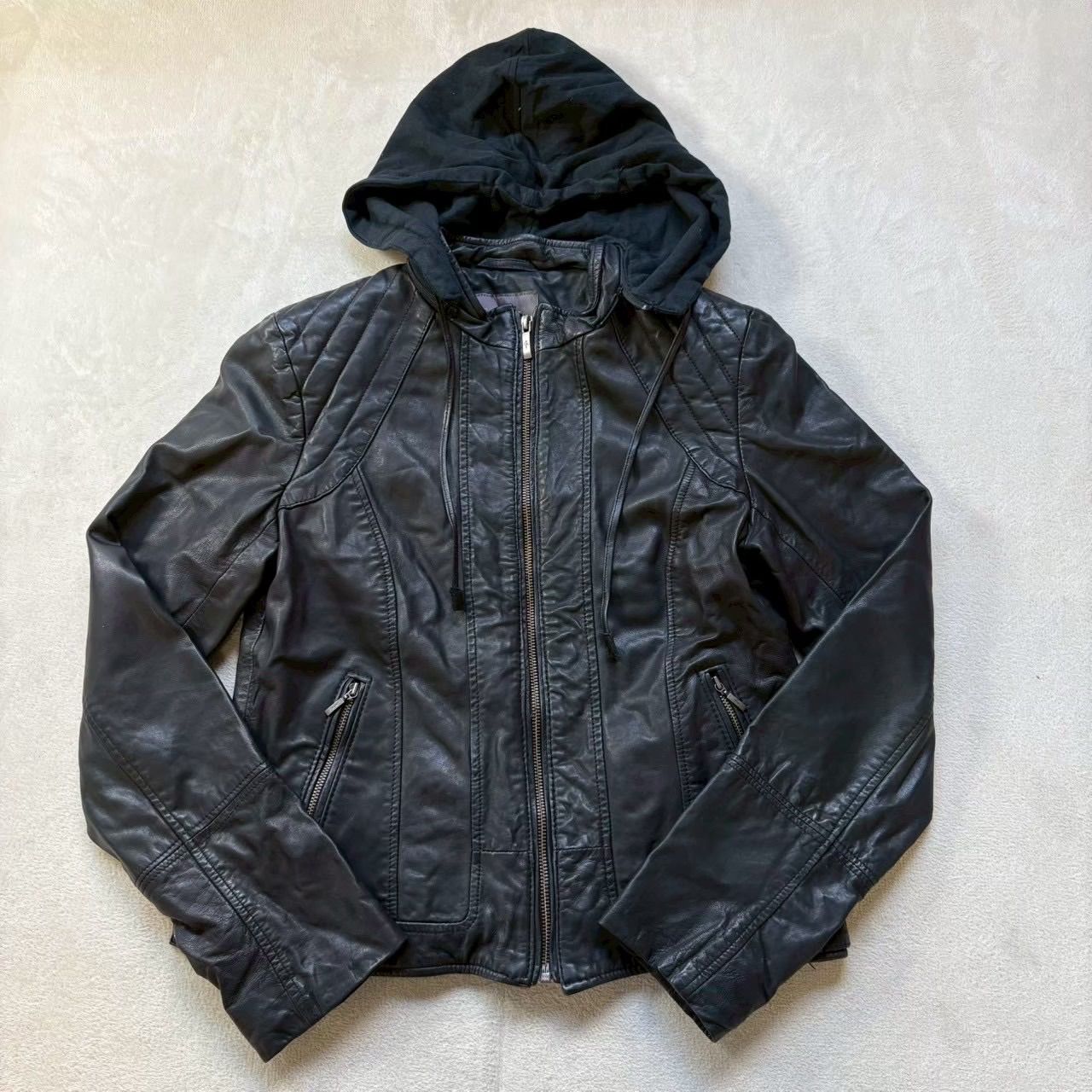 Cole Haan コールハン レザージャケット スウェットフード付き ショート丈 ジップアップ 本革 リアルレザー 黒 レディース Sサイズ