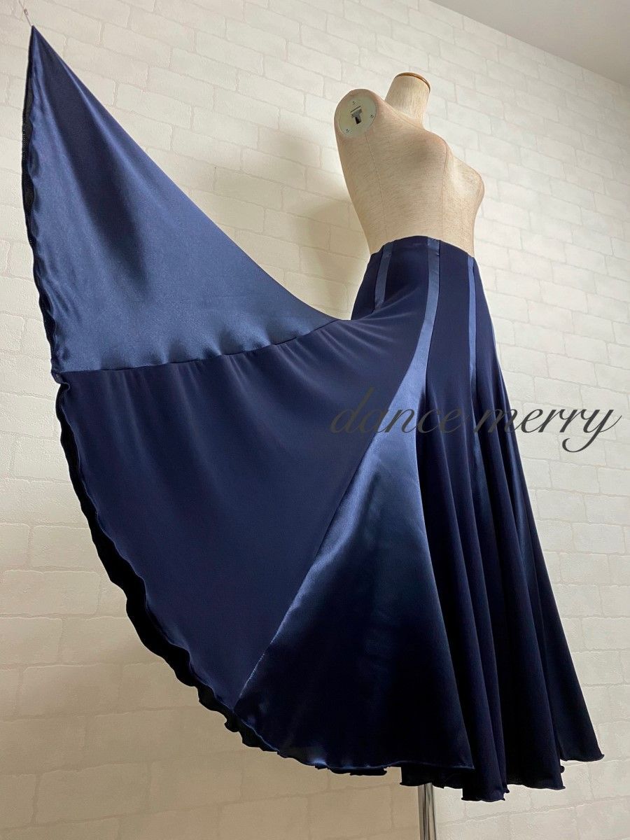 MERRY】新品 社交ダンス サテン スカート 紺 ネイビー レッスン