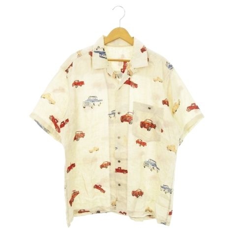 パパス Papas アロハシャツ オープン 半袖 リネン 麻 車柄 総柄 M ベージュ AH 8 GY 12