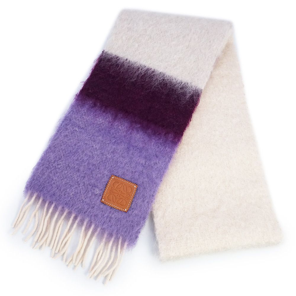 ロエベ アナグラム ストライプ スカーフ マフラー カーフスキン レザー