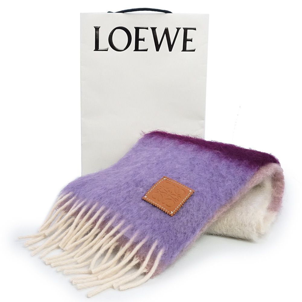 ロエベ アナグラム ストライプ スカーフ マフラー カーフスキン レザー