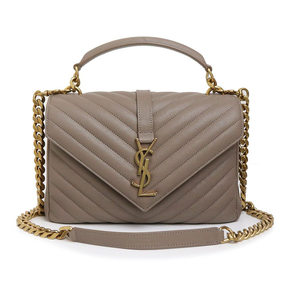サンローラン カレッジ ミディアム 2 Way チェーン ショルダー ハンドバッグ 斜め掛け カーフスキン レザー グレージュ アンティークゴールド金具 600279 SAINT LAURENT