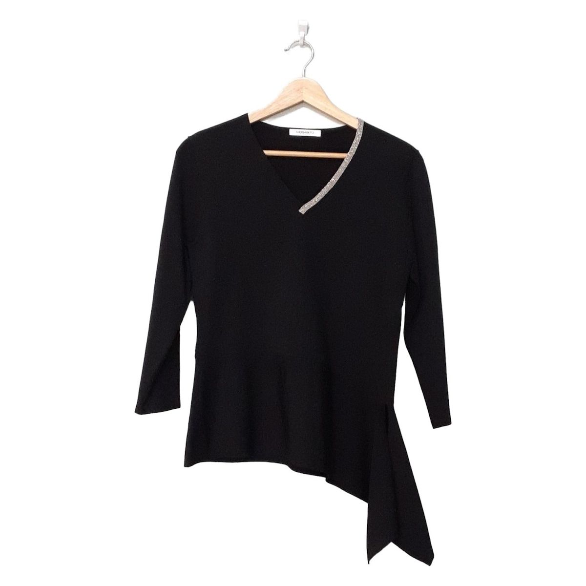 MORABITO(モラビト) 七分袖カットソー サイズ38 M レディース美品 - 黒 Vネック/ニット/メタルビーズ/フリル