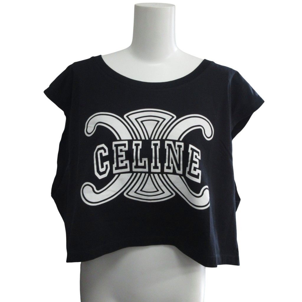 セリーヌ CELINE 23 SS トリオンフ クロップド Tシャツ プリント ノースリーブ カットソー M 黒 ブラック MNK 3