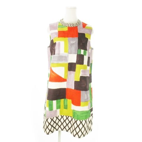 【中古】Sマックスマーラ 'S Max Mara ひざ丈ワンピース ノースリーブ 麻 リネン 切替 総柄 42 M マルチカラー Sマックスマーラ 'S Max Mara ひざ丈ワンピース クルーネック