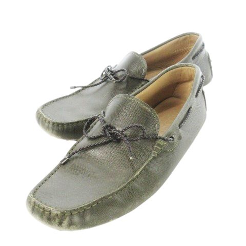トッズ TOD S ドライビングシューズ モカシン リボン レザー 革 ロゴ型押し 9 27.0 cm 緑 カーキ CK 13 GY 04
