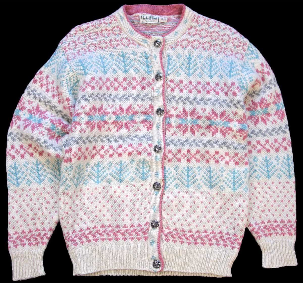 80s USA製 L.L.Bean 雪柄 ノルディック柄 ウールニット カーディガン M