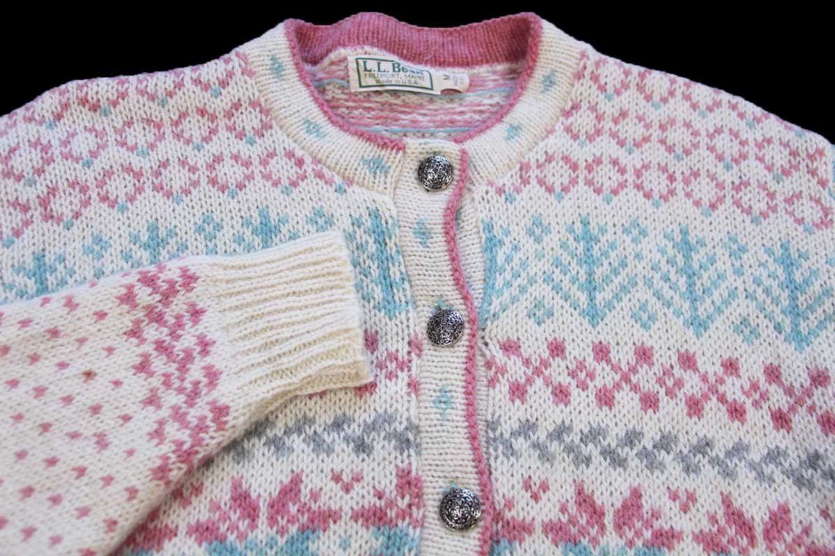 80s USA製 L.L.Bean 雪柄 ノルディック柄 ウールニット カーディガン M