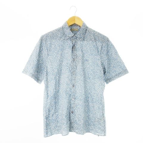 バーバリーブリット BRIT 半袖シャツ レギュラー シェルボタン 小花柄 ロゴ刺繍 M 青 ブルー CK 2 GY 35