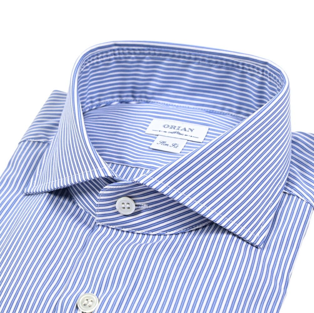 ORIAN オリアン Slim Fit スリムフィット ドレスシャツ ワイシャツ ホリゾンタル 長袖 メンズ ストレッチ コットン ストライプ ブルー 25-26 AW 426718