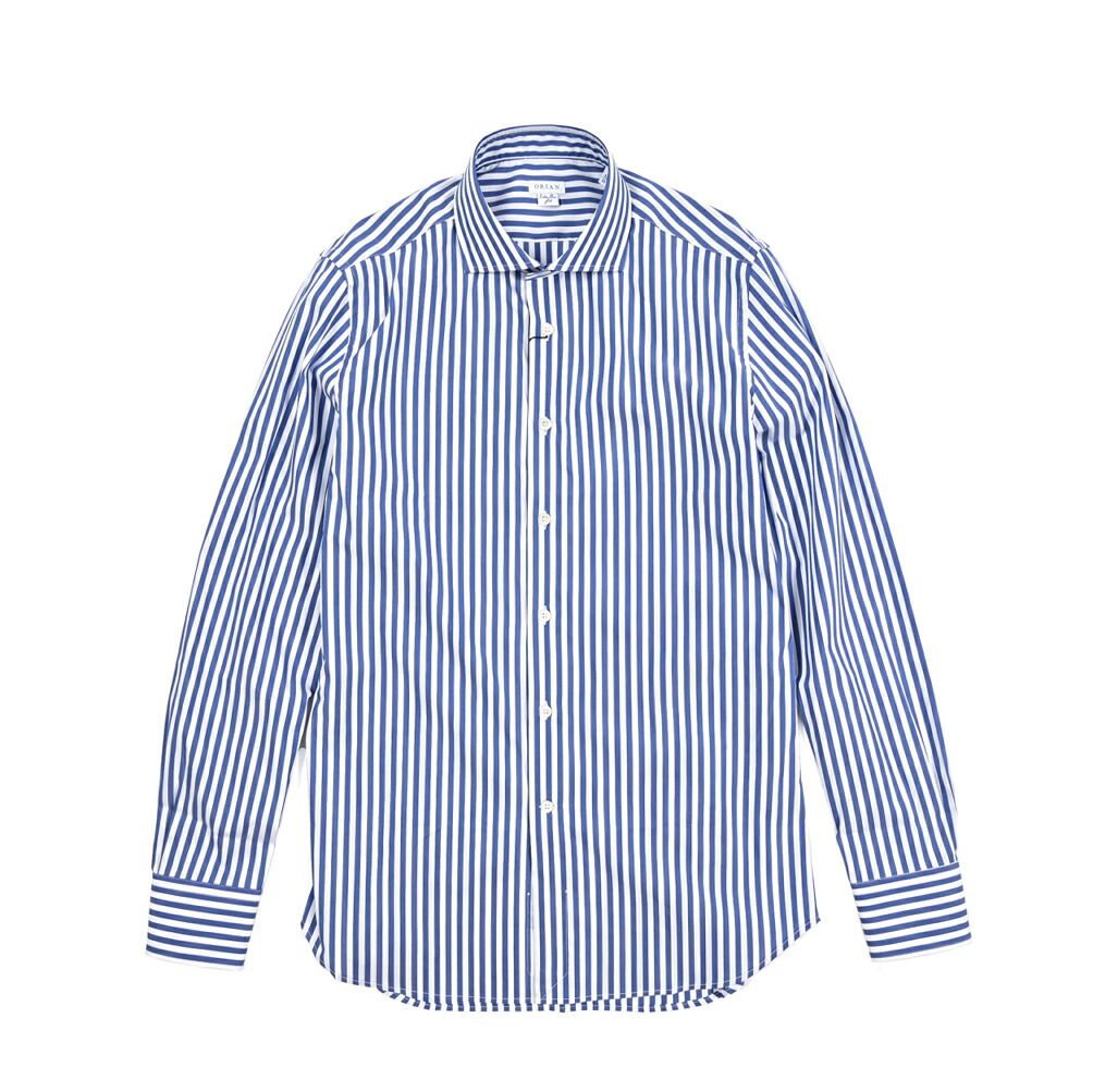 ORIAN オリアン Extra Slim Fit エクストラ スリムフィット ドレスシャツ ワイシャツ ホリゾンタル 長袖 メンズ ストレッチ コットン ストライプ ブルー ホワイト 25-26 AW 426708