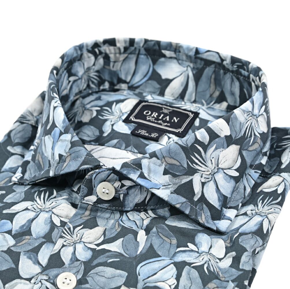 ORIAN オリアン Vintage Slim Fit スリムフィット ドレスシャツ ワイシャツ ホリゾンタル 長袖 メンズ コットン 花柄 ネイビー 25 26 AW 426736