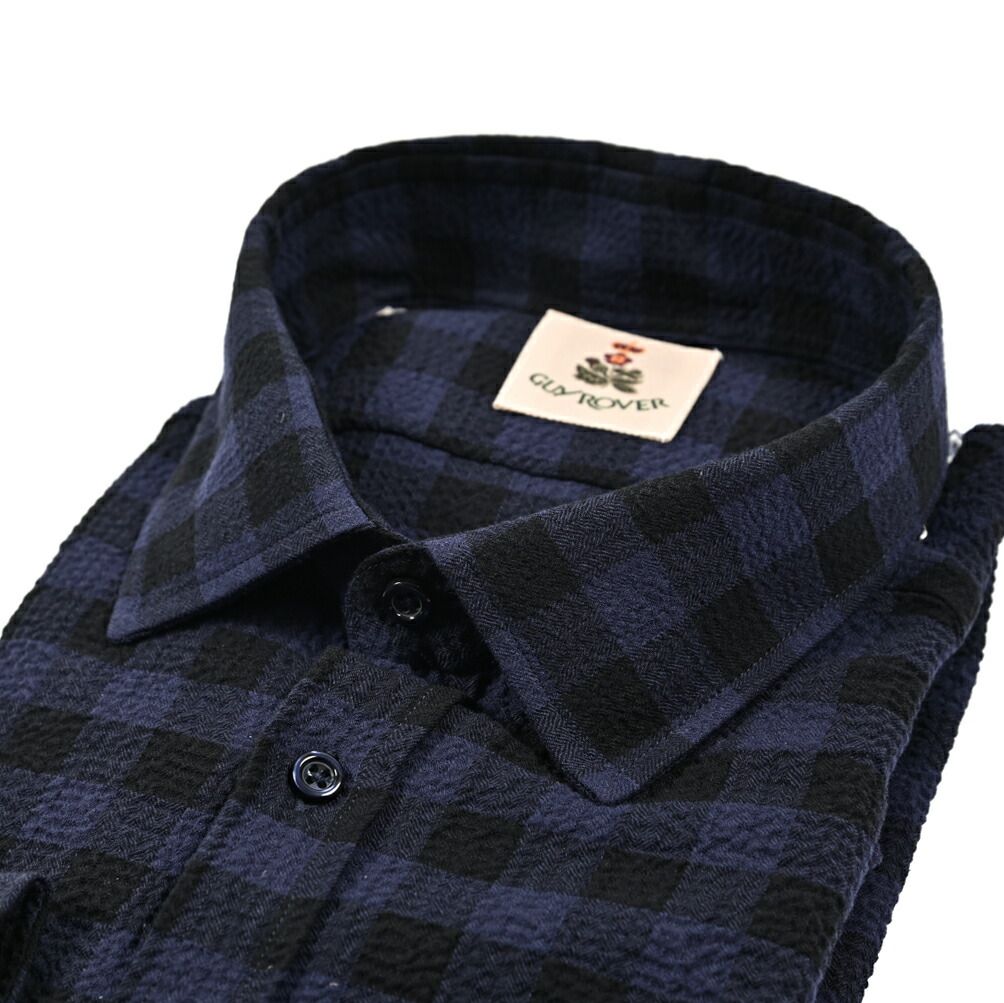 GUY ROVER ギローバー ドレスシャツ レギュラー 長袖 メンズ シアサッカー ストレッチ コットン チェック ネイビー 25 26 AW 427824