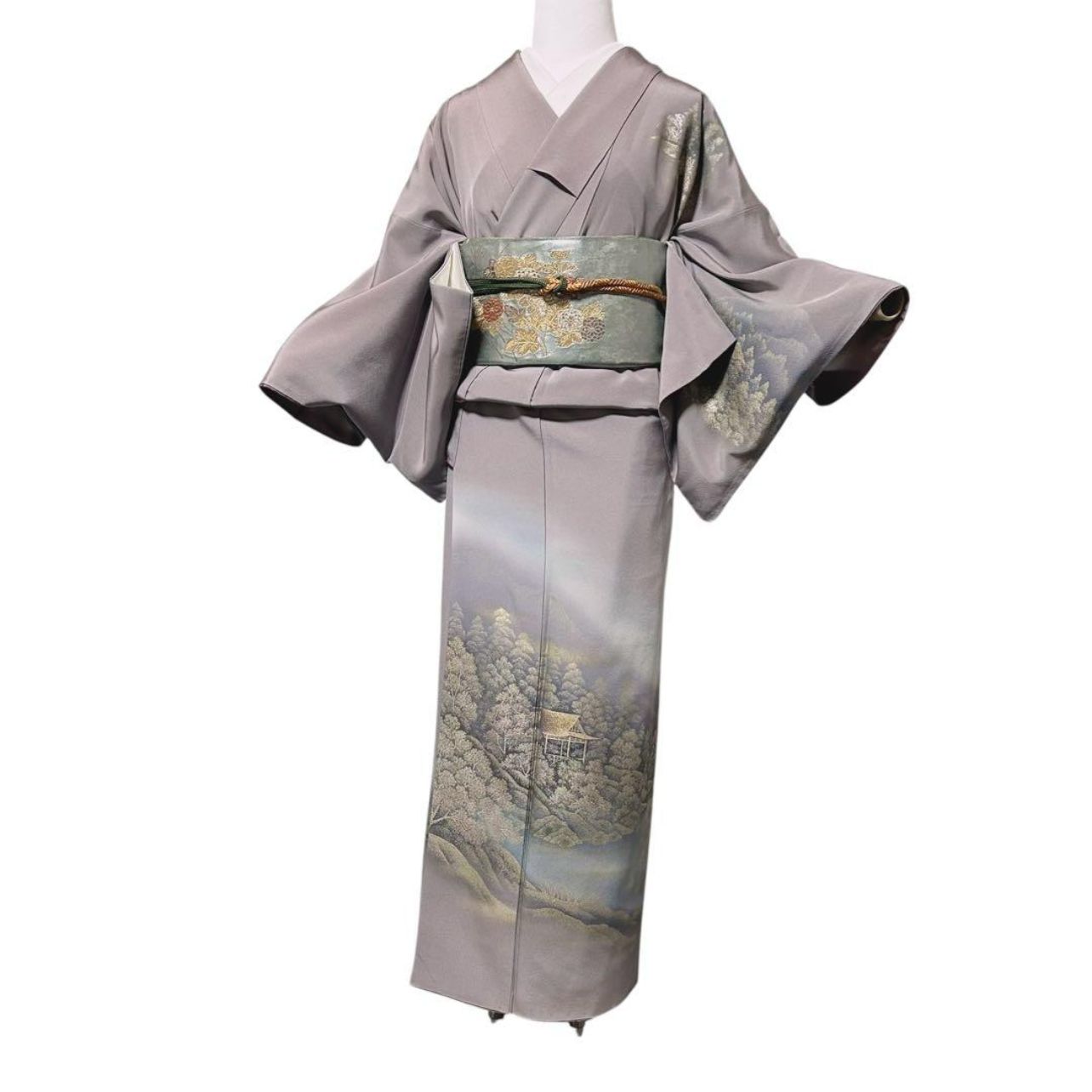 美品 袷 正絹 訪問着 フルセット 4点 西陣唐織漆箔袋帯 帯締め 帯揚げ