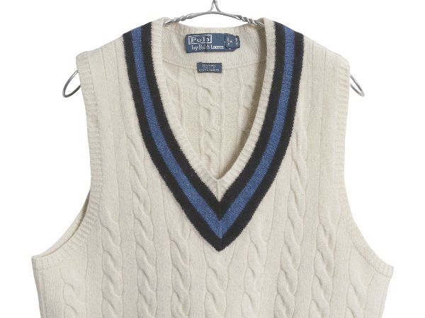 な ! 00 s ポロ ラルフローレン チルデン ケーブル ニット ベスト メンズ レディース L ウール シルク カシミヤ セーター Vネック 白