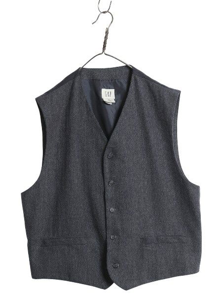 な ! 00 s ギャップ ウール テーラード ベスト メンズ L ポケット付き ヘリンボーン ストライプ ジレ 重ね着 前開き 紺