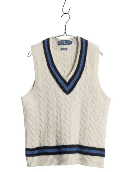 な ! 00 s ポロ ラルフローレン チルデン ケーブル ニット ベスト メンズ レディース L ウール シルク カシミヤ セーター Vネック 白