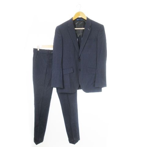 ランバン LANVIN シングルスーツ 2点セット セットアップ テーラードジャケット 背抜き スラックス テーパード ストライプ 48 M 紺 ネイビー CK 1 GY 17