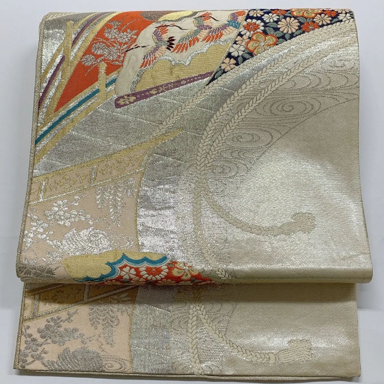 6037］袋帯 渡橋草花鳳凰文様 金銀彩 六通 正絹 着物 フォーマル