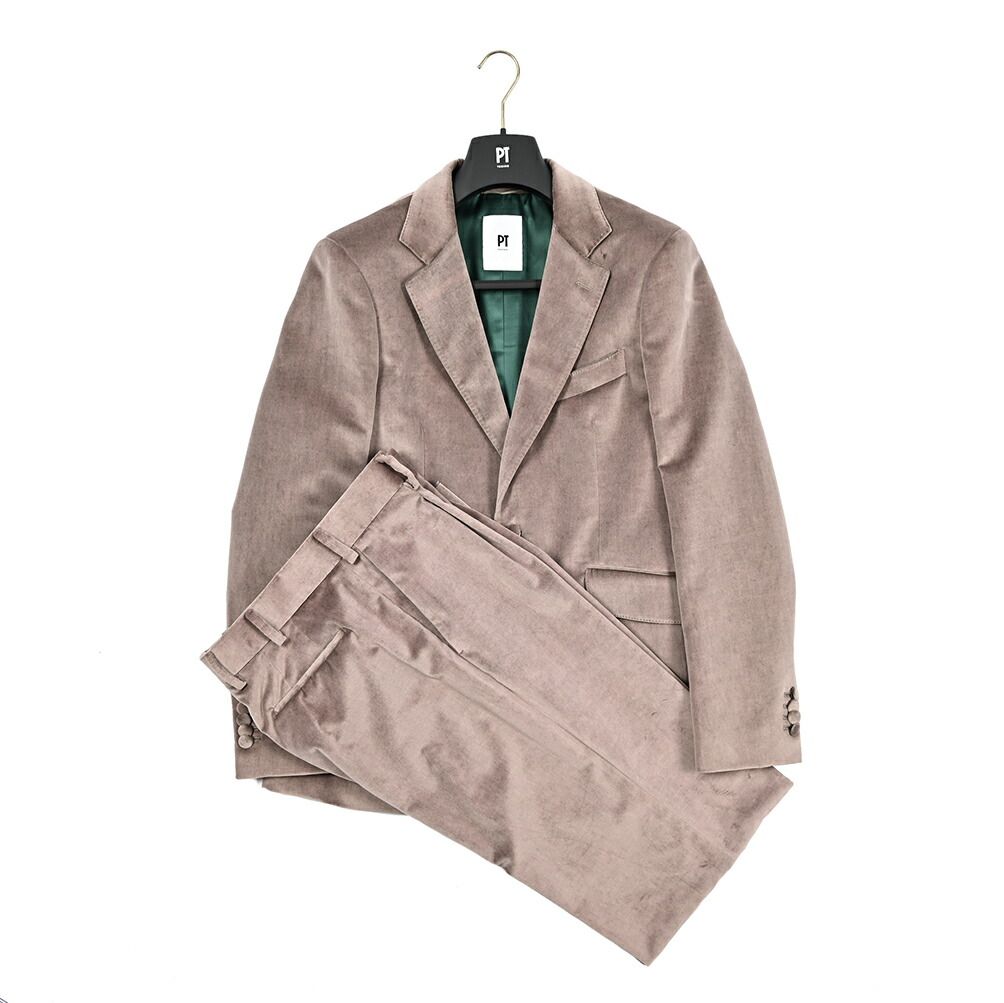 PT TORINO ピーティートリノ テーラードスーツ 2 Bシングル ノッチドラペル ジャケット ノータック スラックス 秋冬 メンズ ベロア コットン ピンク 430355