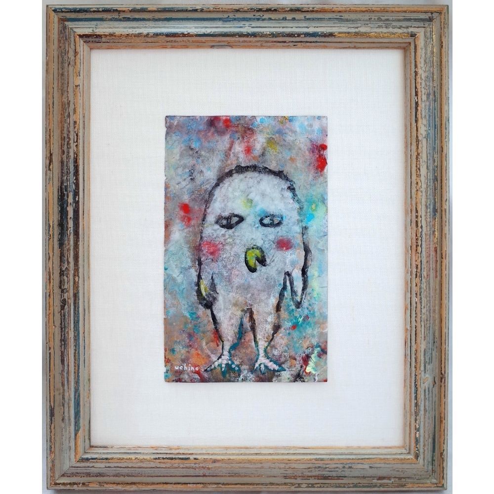 内野隆文 絵画 フクロウ 梟 ドローイング 素描 古い紙にアクリル アンティークペーパー 額縁 真作