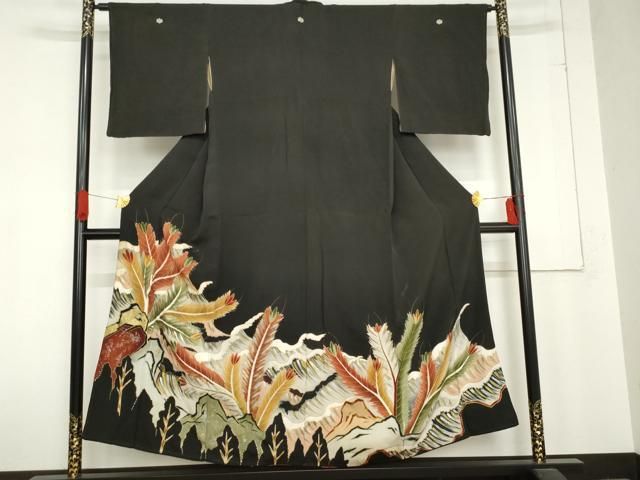 平和屋着物 アンティーク 大正ロマン 黒留袖 手描き 松 金銀彩 正絹 cs