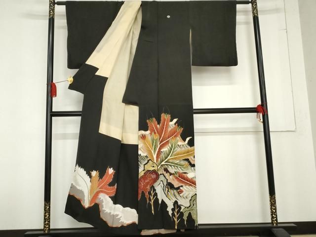 平和屋着物 アンティーク 大正ロマン 黒留袖 手描き 松 金銀彩 正絹 cs