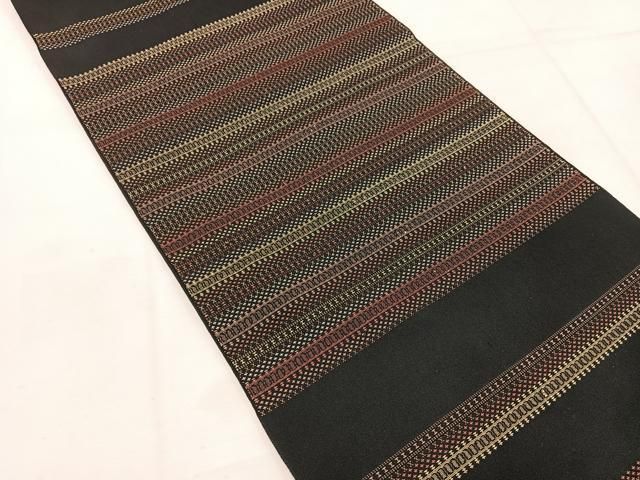 平和屋着物 八寸名古屋帯 横段文 黒地 正絹 mz