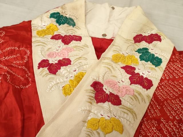 平和屋着物○アンティーク 大正ロマン 振袖用長襦袢 袷 絞り 花松文 広衿