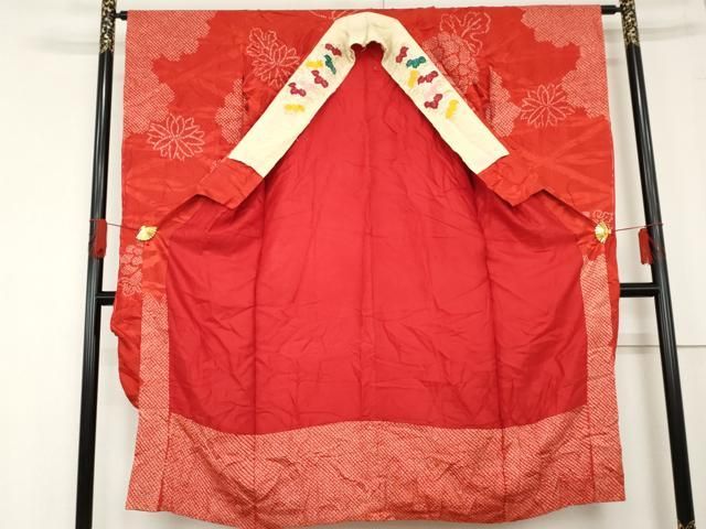 平和屋着物 アンティーク 大正ロマン 振袖用長襦袢 袷 絞り 花松文 広衿刺繍 正絹 cs