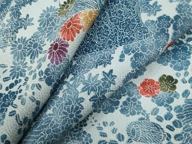 平和屋-こころ店 上質な小紋 型染め 立波草花文 鬼しぼ縮緬 正絹