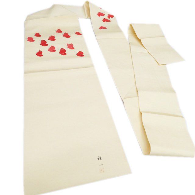 名古屋帯 なごや帯 リサイクル 正絹 カジュアル 仕立て上がり 塩瀬 安達雅一 落款 蝶の図 金糸 淡黄蘗色 きもの北條 A 1302-16