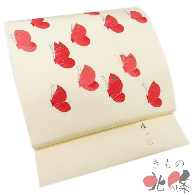 名古屋帯 なごや帯 リサイクル 正絹 カジュアル 仕立て上がり 塩瀬 安達雅一 落款 蝶の図 金糸 淡黄蘗色 きもの北條 A 1302 16