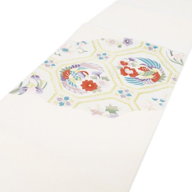 名古屋帯 なごや帯 単衣帯 リサイクル 正絹 仕立て上がり 綴れ 蜀江文 花鳥の図 オフホワイト 多色 金銀 きもの北條 A 1302-14