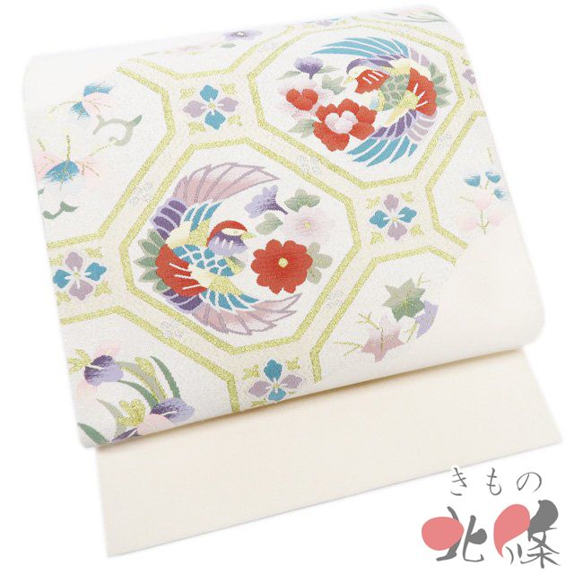 名古屋帯 なごや帯 単衣帯 リサイクル 正絹 仕立て上がり 綴れ 蜀江文 花鳥の図 オフホワイト 多色 金銀 きもの北條 A 1302 14